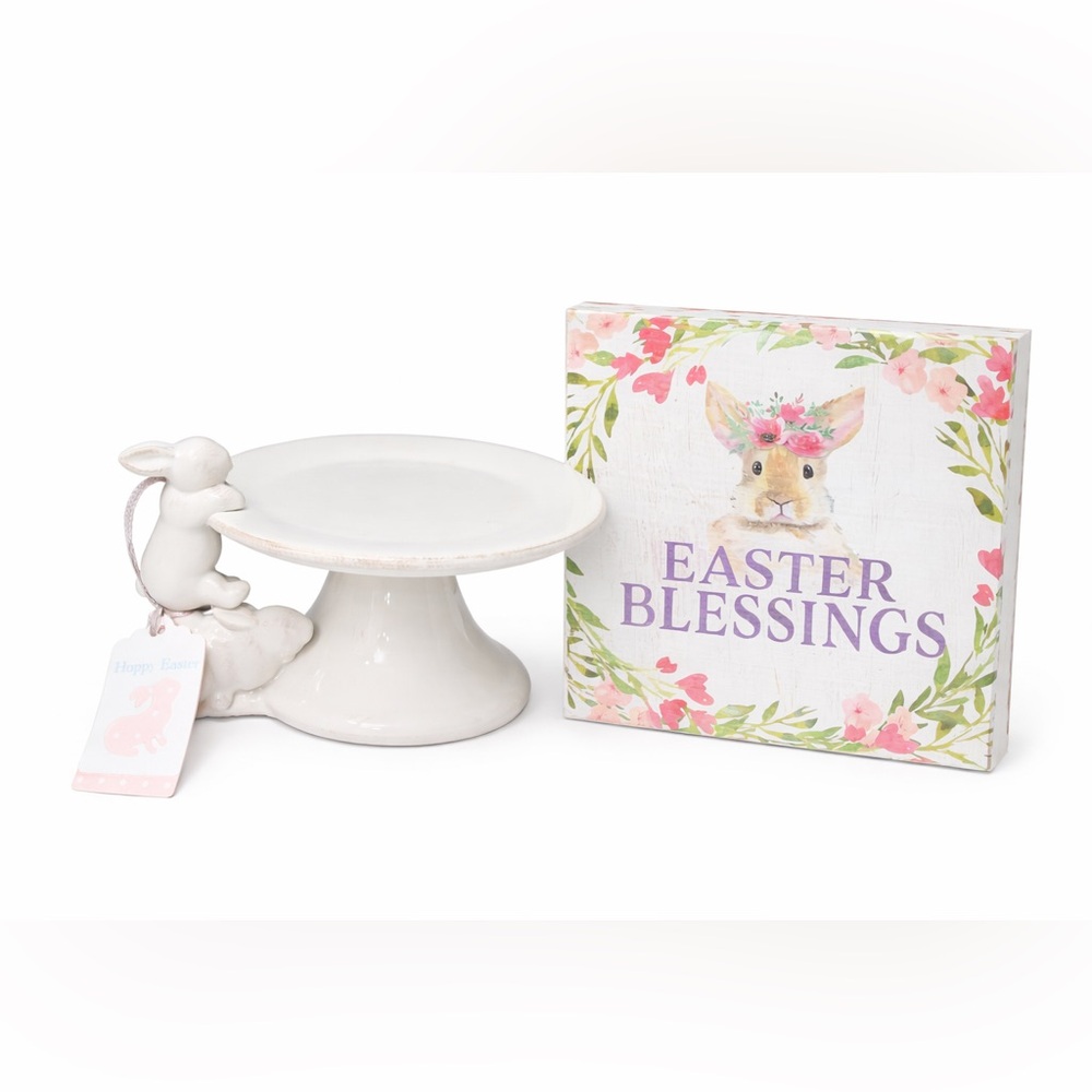 Easter‎ Bunny Pedestal Tray & Easter Blessings Sign Set Farmhouse Spring Decor